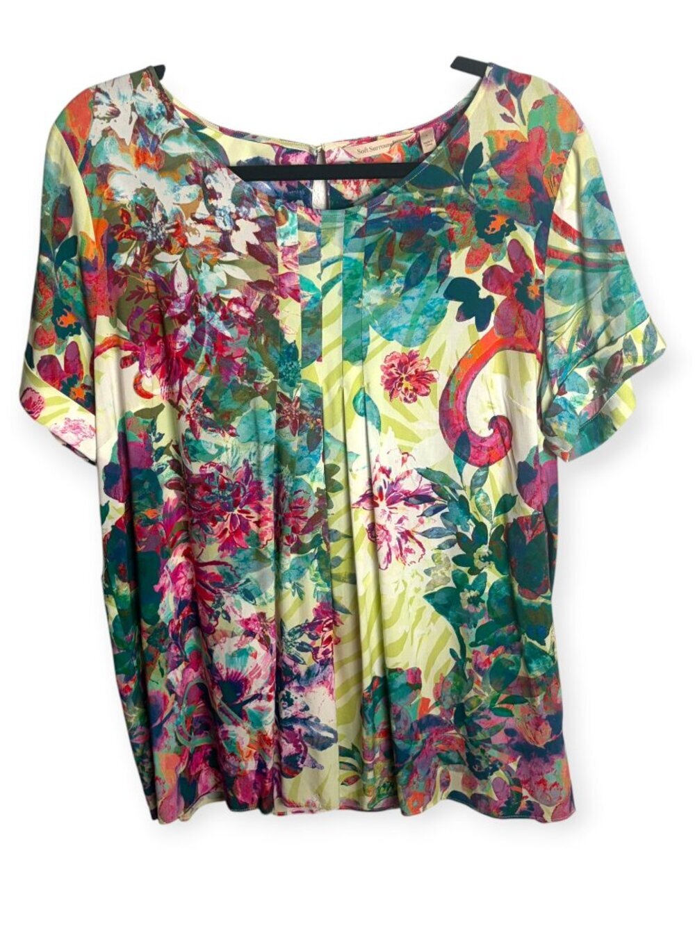 Soft Surroundings Size L Pleated Floral Blouse Top Short Sleeve Colorful Beachy